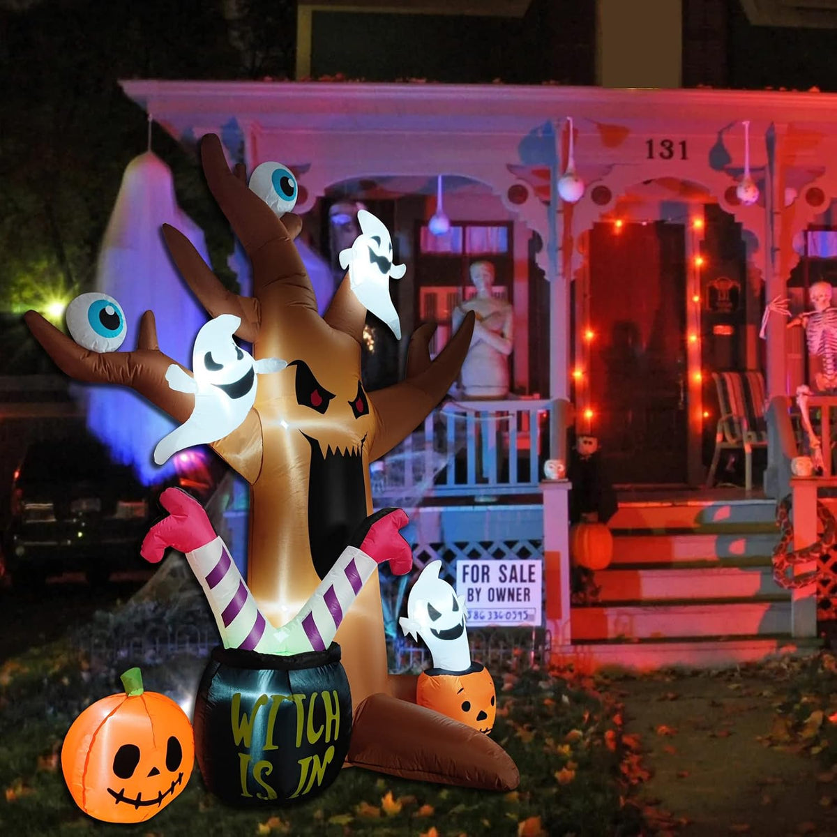 8 Ft Halloween Inflatables Outdoor Decorations - Outdoor Spooky Halloween Tree with Blow up Ghosts, Eyeballs, Pumpkins, Cauldron & Witch Legs - Built-in LED Lights for Outdoor Lawn Decor