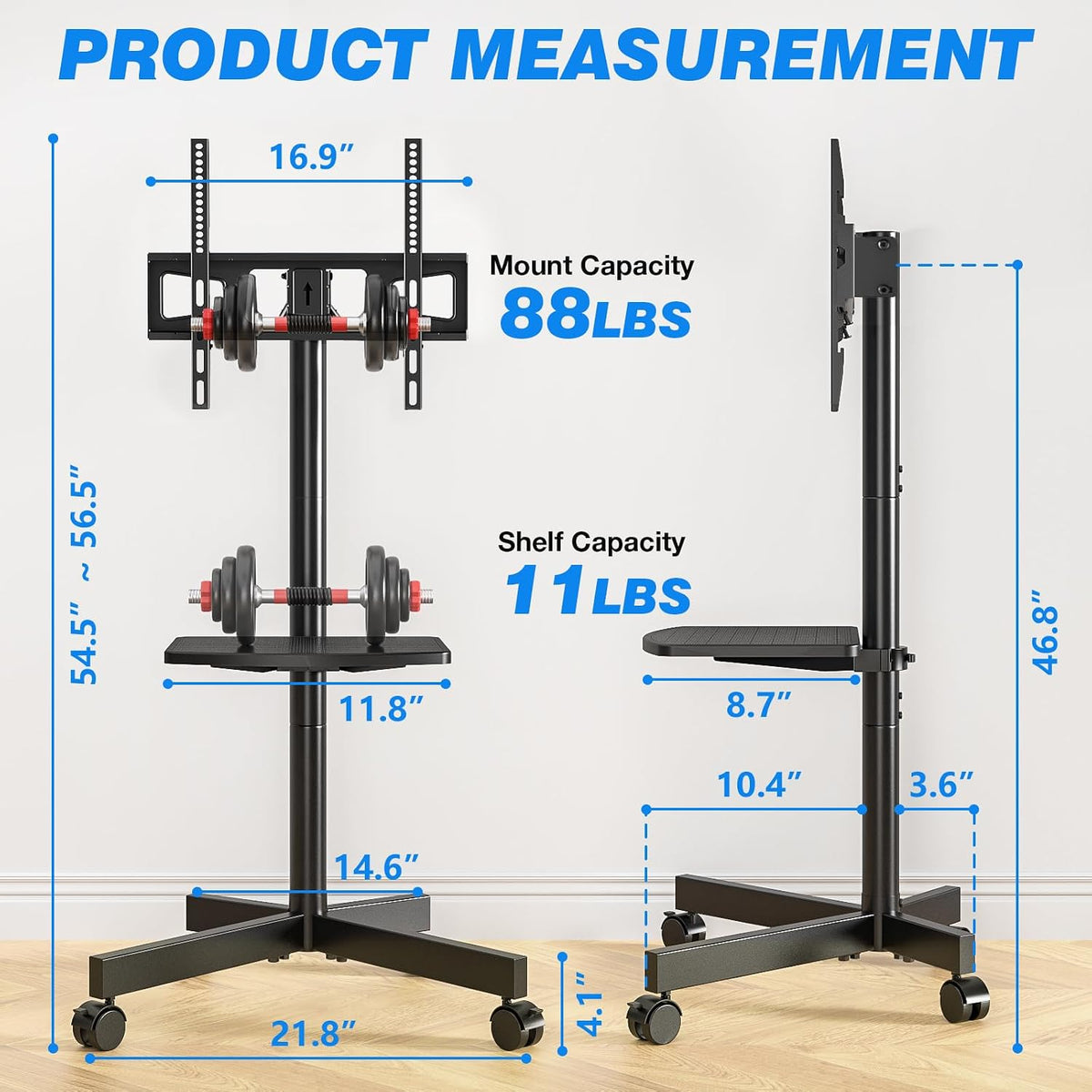 rfiver rolling tv stand with shelf for 23-65, front angle view