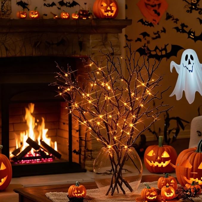 Birchlitland Halloween Branch Lights with Timer Battery Operated 75 LED Orange Fairy Lights, Lighted Black Willow Branches 21IN for Home Decor