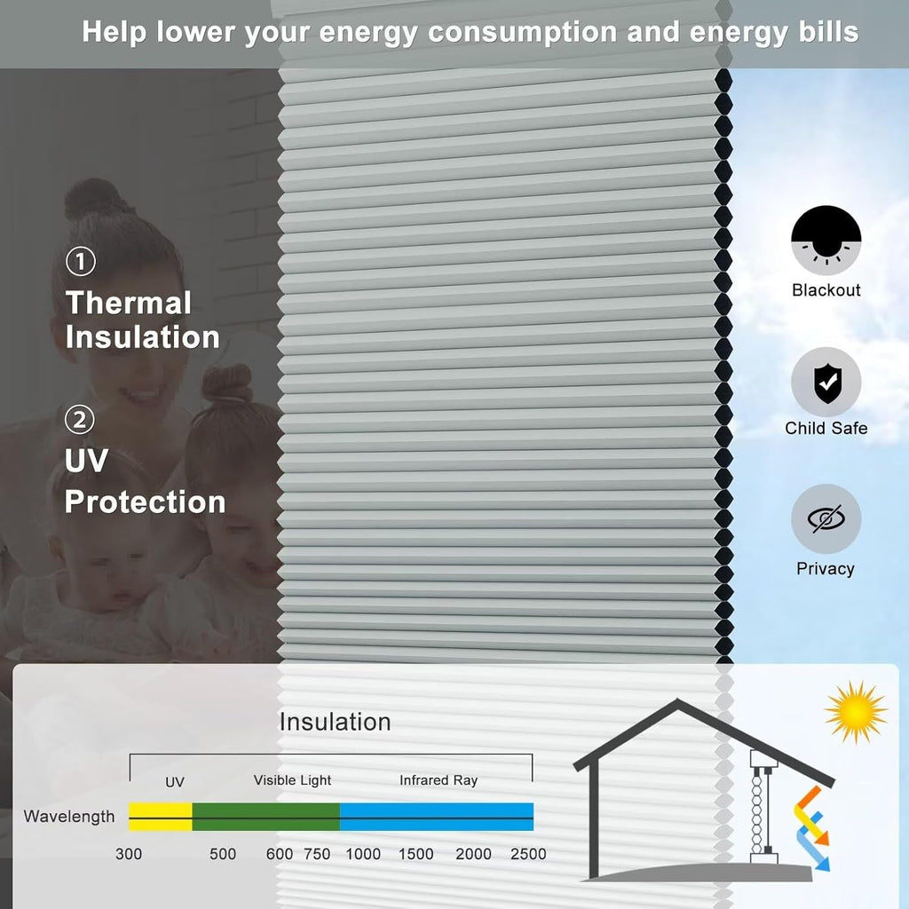 Cordless Cellular Shades, Blackout Room Darkening Black Out Honeycomb Blinds for Indoor Windows Bedroom, Pull Down Pleated Accordion Blind Easy Install, Shade Size 24" Wx50 H, Gray