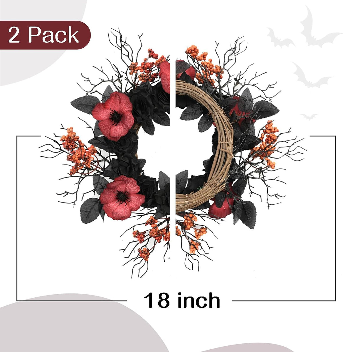 TEMPUS Halloween Wreath Set, 18 Inch, Black Rose and Poppy Berry, Handmade, for Front Door, Mantel, Window, Indoor Fall Decor, 2 Pack