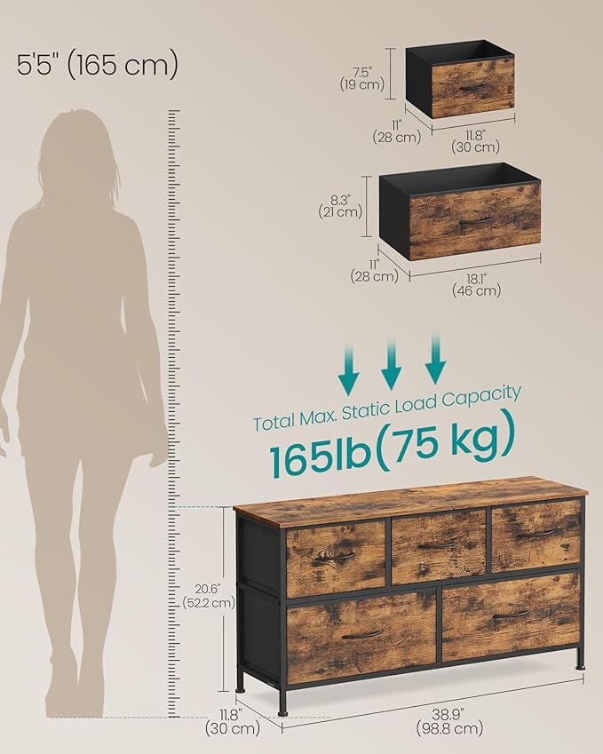 SONGMICS Dresser for Bedroom, Chest of Drawers, 5 Non-Woven Fabric Drawers