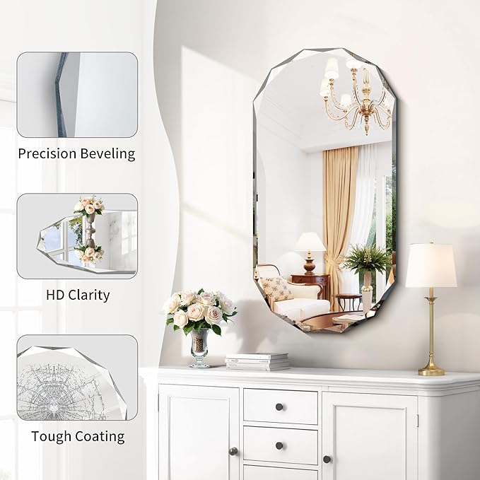 GLASHOM Beveled Edge Frameless Bathroom Mirror, Oval Wall Mirror