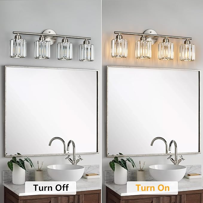 FDPBY Modern 4 Light Crystal Vanity Light, Brushed Nickel Vertical Bathroom