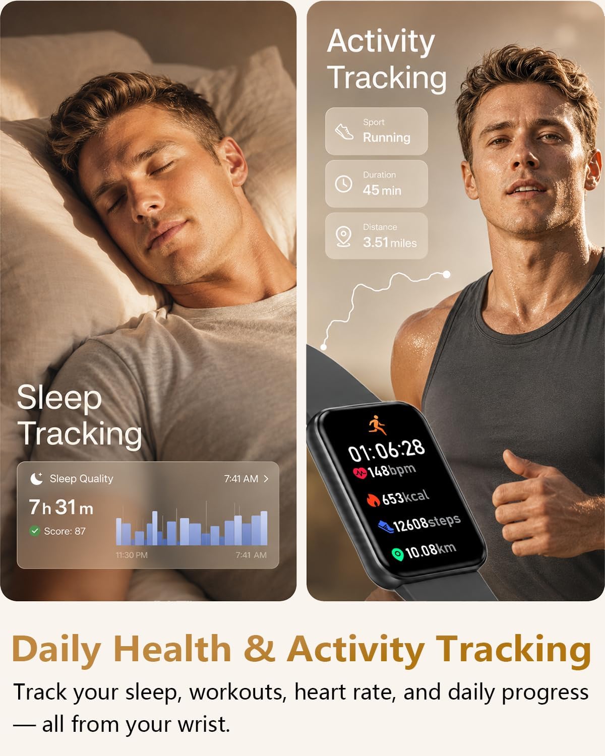 morepro fitness tracker watch with 24/7 heart rate/blood, side view