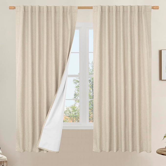 LAMIT 100% Blackout Linen Curtains 63 Inches Long, Flax Textured Living Room
