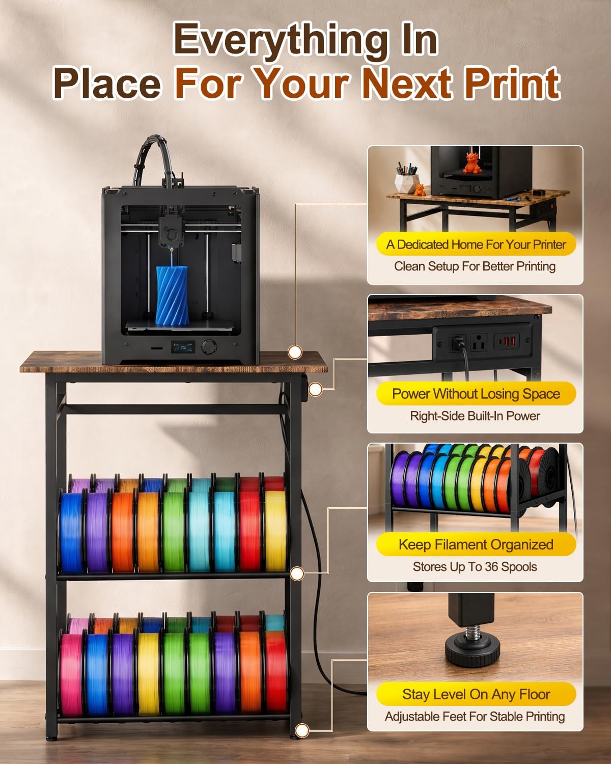 3D Printer Stand with Filament Storage - Heavy Duty Metal 3D Printer Table with Power Hub Spools Holder Racks with Adjustable Feet for Studio Garage Office Workshop