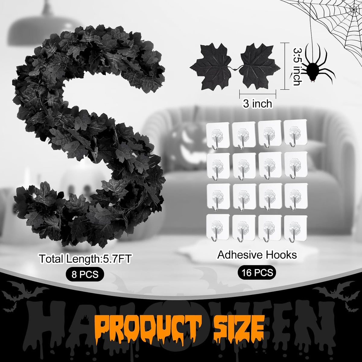 Joyhalo 8 Pack 5.7FT Halloween Garland Black Leaf Garland for Mantle, Artificial Hanging Black Maple Leaves Vines, Spooky Halloween Outdoor Floral, Haunted Mansion, Gothic Halloween Decor