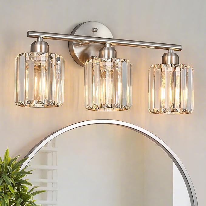 FDPBY Modern 3 Light Crystal Vanity Light, Brushed Nickel Vertical Bathroom