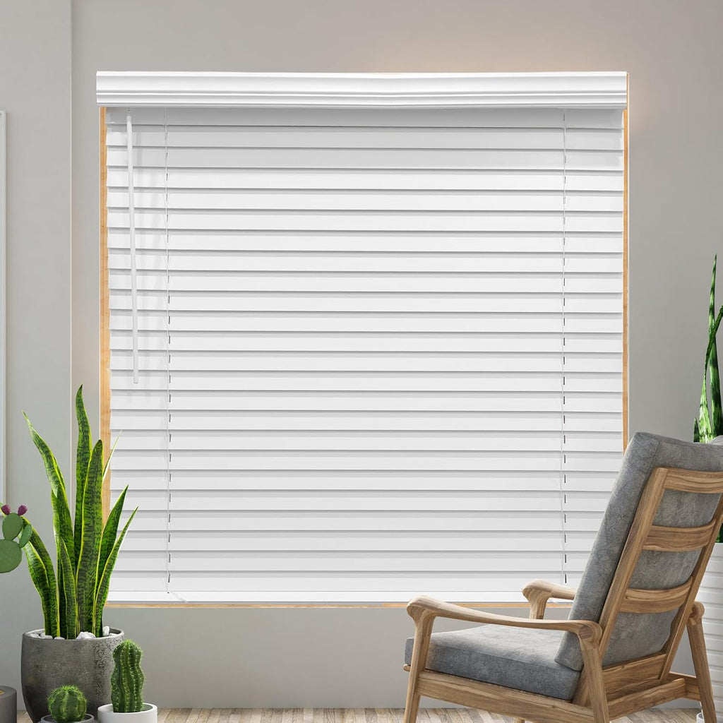 Cordless Faux Wood Blinds 26" W x 36" H, 2 Inch Slat Horizontal Windows Blinds with Crown Valance, Room Darkening, White Blinds for Home Interiors.