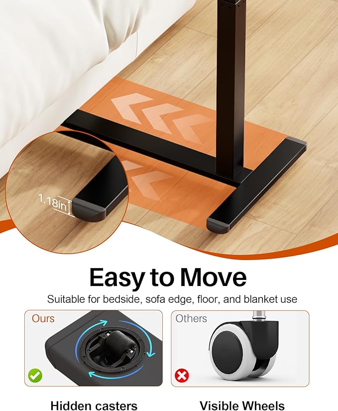 Overbed Table with Wheels, Pneumatic Height Adjustable Overbed Bedside Table
