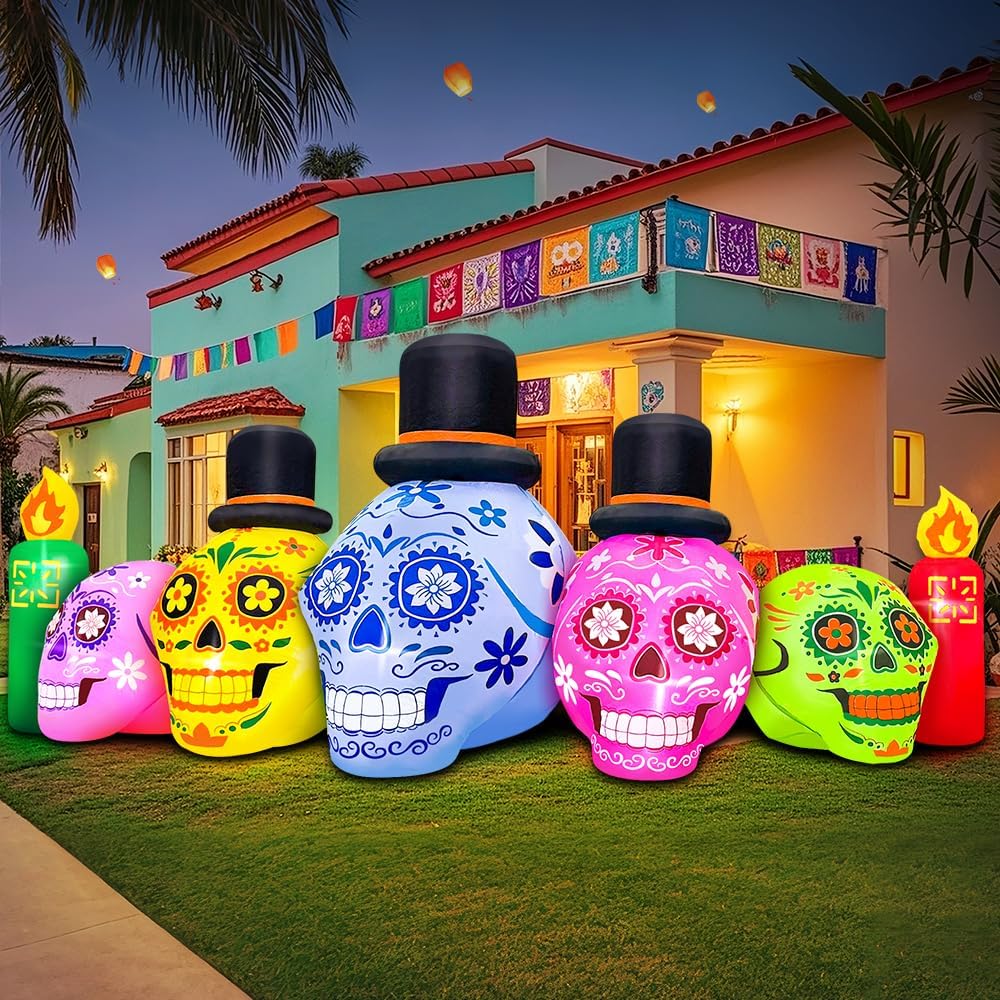 7FT Halloween Inflatable Blow Up Decorations, Dia de Los Muertos Decorations, Day of Dead Inflatable Sugar Skull Dia de Los Muertos, Built-in LEDs for Holiday Party, Garden, Lawn, Yard, Patio Décor
