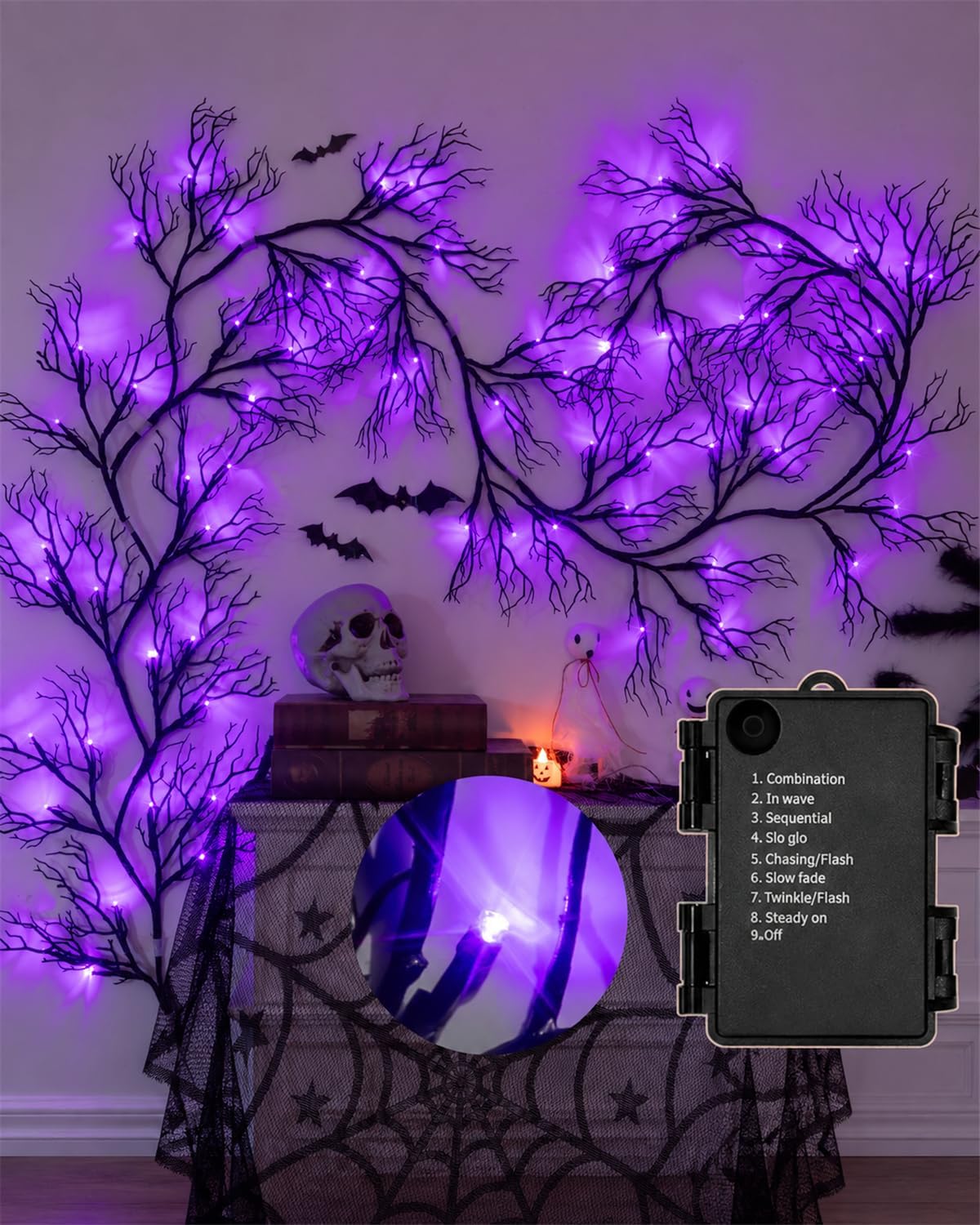 Halloween Twig Garland Decoration with 45 Purple LED Lights, 9 FT