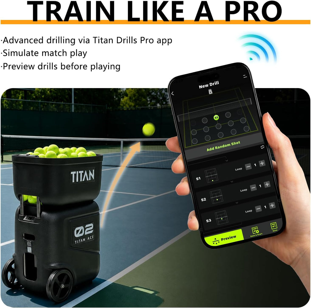 Titan ACE Tennis Ball Machine for Coaches & Mobile Players | 150 Ball Capacity, Lightweight 39 lb Design with Invertible Hopper, Free App Control