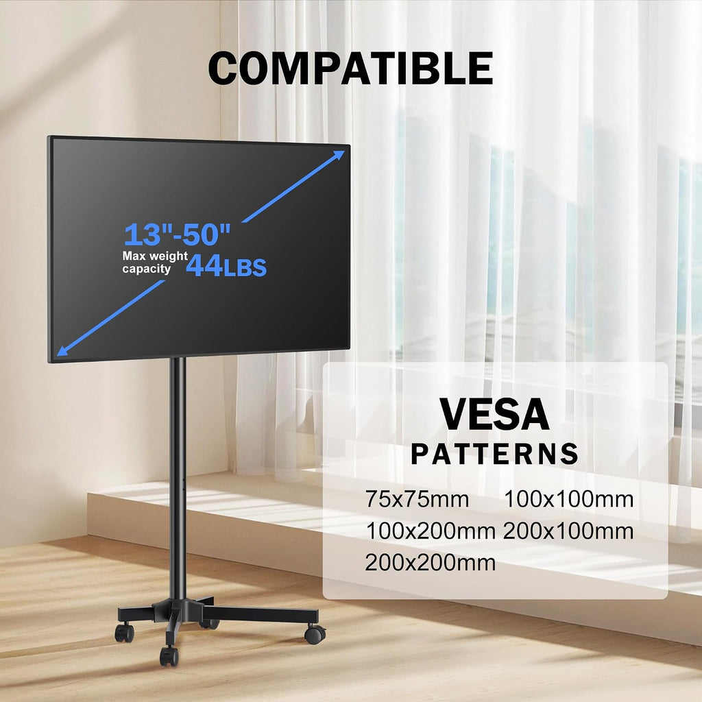 XINLEI Mobile TV Carts, Rotating Rolling TV Stand on Wheels for 13-50" Flat/Curved TVs Height Adjustable 30° Tilt Floor TV Stand Portable Monitor Stand Holds up to 44lbs Max VESA 200x200mm ML1350