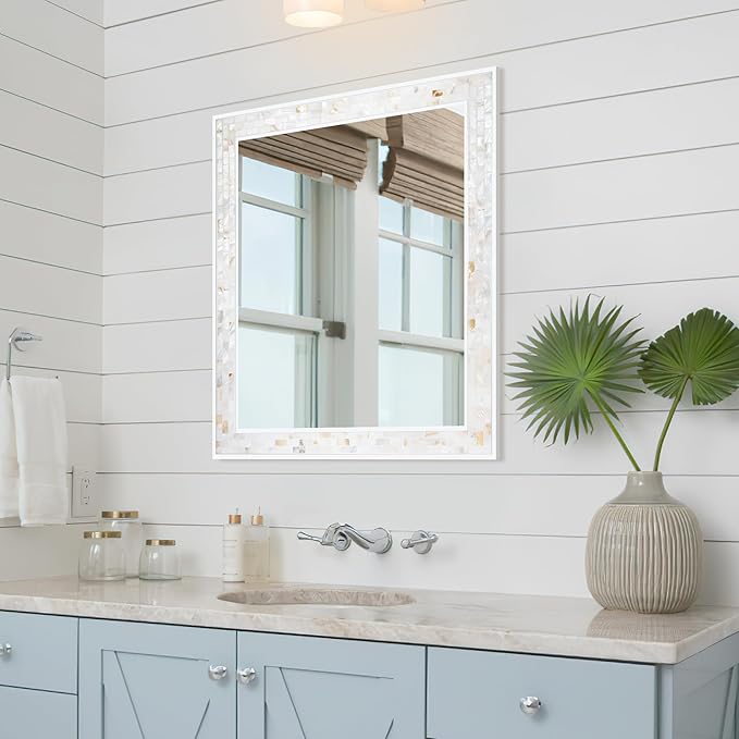 Tanmicoshomy 30 x 36 Inch White Rectangle Wall Mirror, Natural Shell Framed
