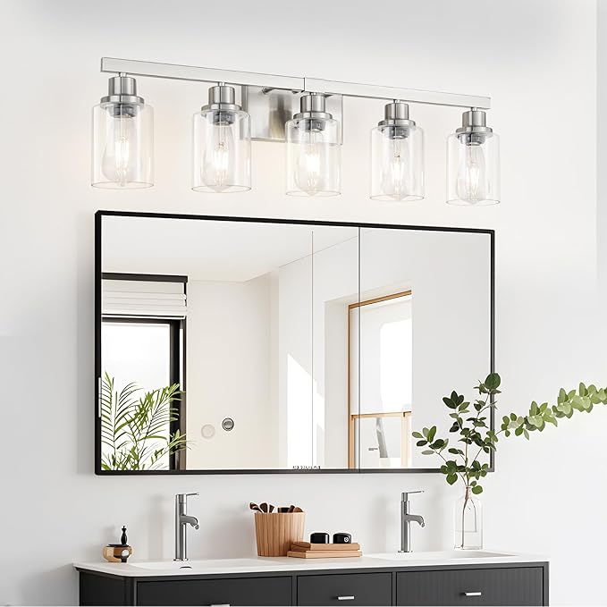 DIKAIDA Bathroom Vanity Light, 5-Light Nickel Modern Matte Wall Sconce Lighting