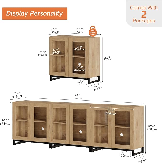WAMPAT Modern TV Stand with Glass Doors