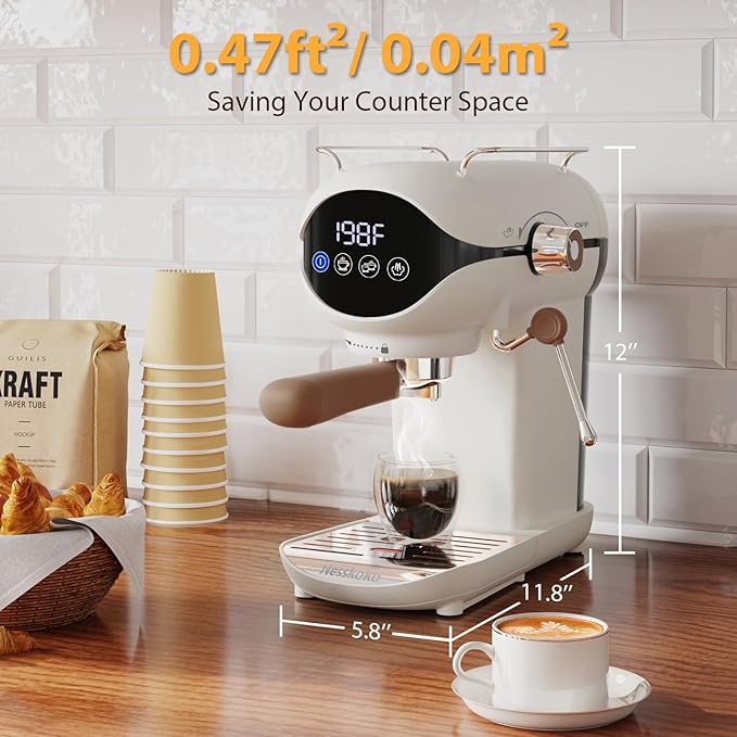 Espresso Machine with Steam Milk Frother Semi Automatic 20 Bar Compact White