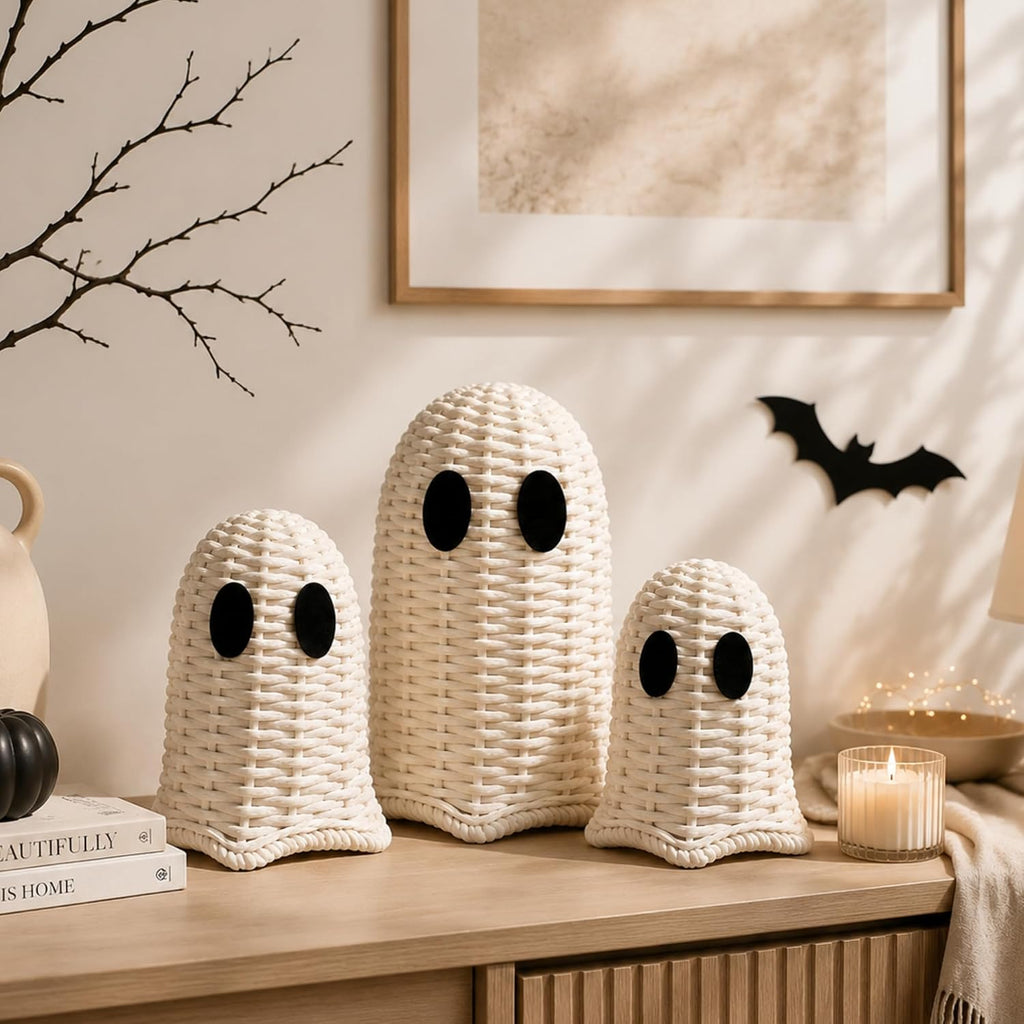 Geelin White 3 Pcs Halloween Rattan Wicker Ghosts Decoration Cute Farmhouse Ghost Figurines for Table Tray Shelf Desk Tiered Tray Centerpieces Indoor Tabletop Halloween Decor