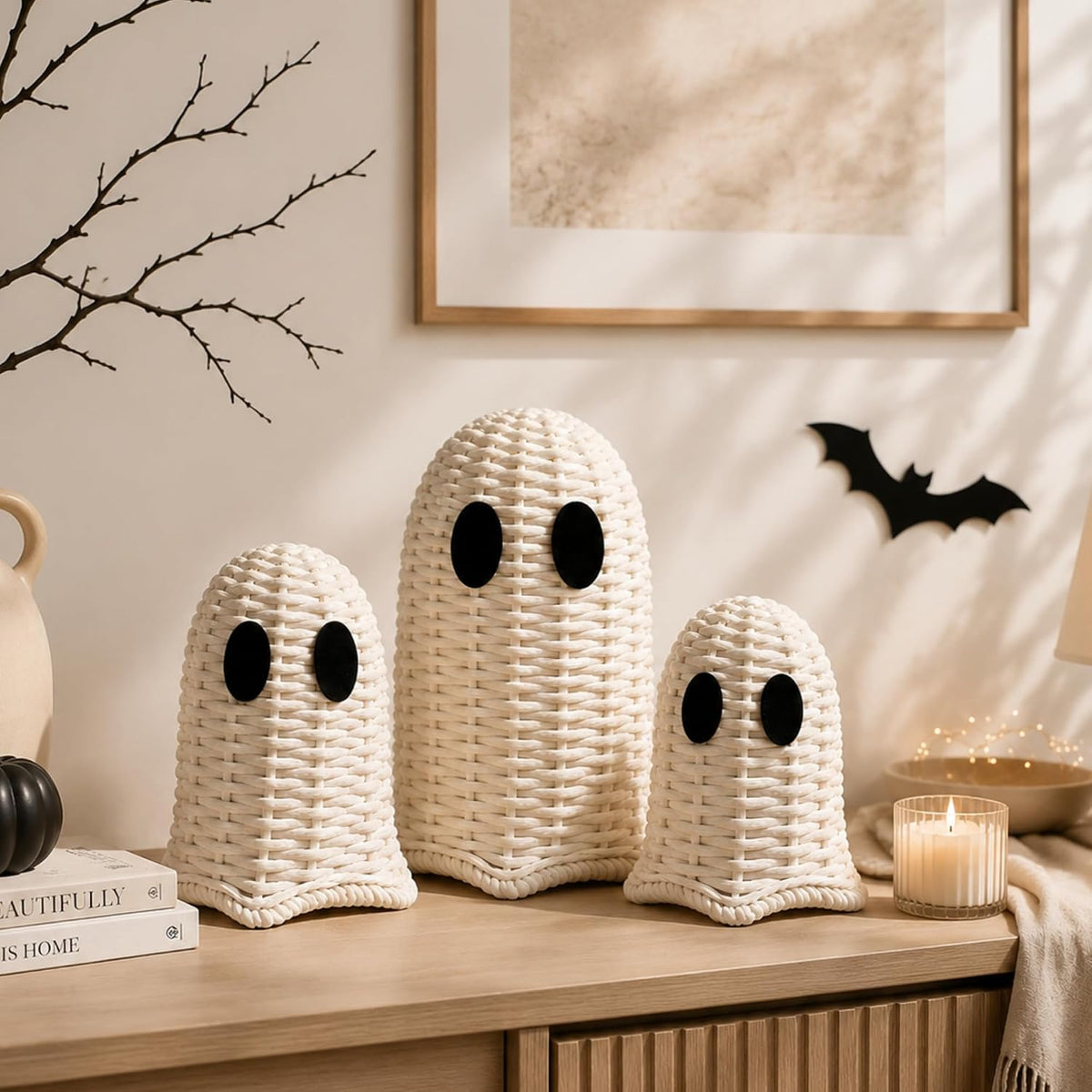 Geelin White 3 Pcs Halloween Rattan Wicker Ghosts Decoration Cute Farmhouse Ghost Figurines for Table Tray Shelf Desk Tiered Tray Centerpieces Indoor Tabletop Halloween Decor