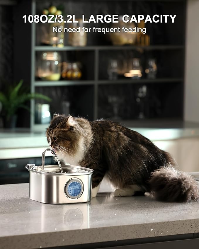 Cat Water Fountain Stainless Steel: 108oz/3.2L Automatic Pet Water Fountain