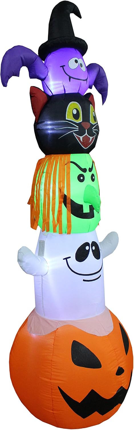 8 FT Halloween Inflatable Stacked Bat, Black Cat Witch Ghost Pumpkin