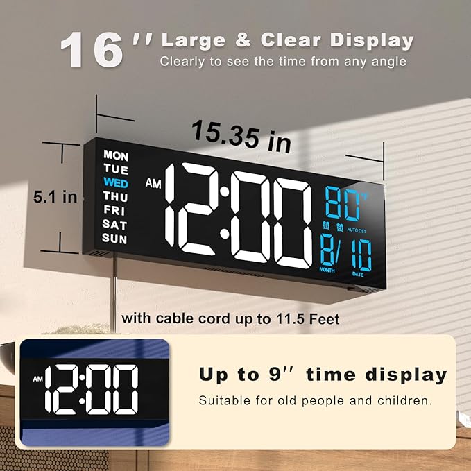 JALL 16" Large Digital Wall Mount Clock, Count Down Timer, Big LED, RGB Color