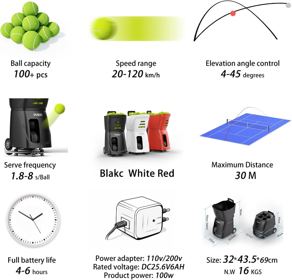 PT-SAMRT-Professional Tennis Ball Machine with App Control - 100+ Ball Capacity - 12 Training Modes - 4-6 Hours Battery Life