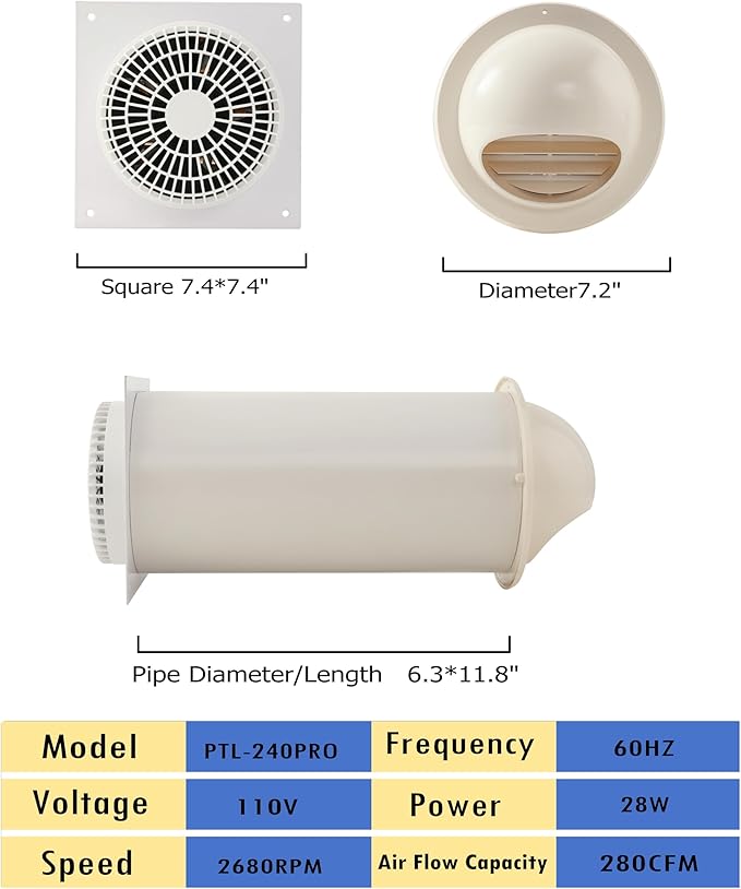 MEOZRI Through-the-Wall Ventilation Fan Exhaust Fan White Cover 6-inch Diameter