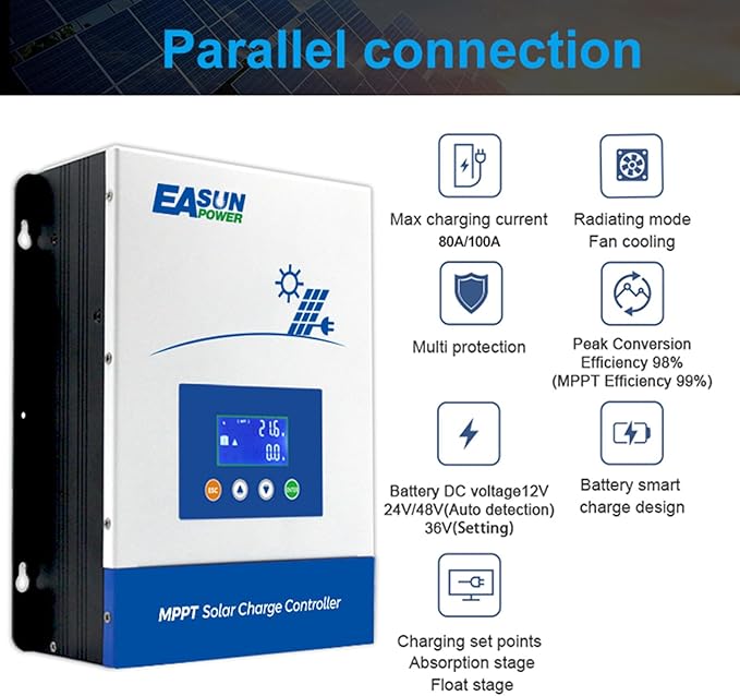 POWLAND 100A MPPT Solar Charge Controller, 12V/24V/36V/48V Auto, Max Input 150V