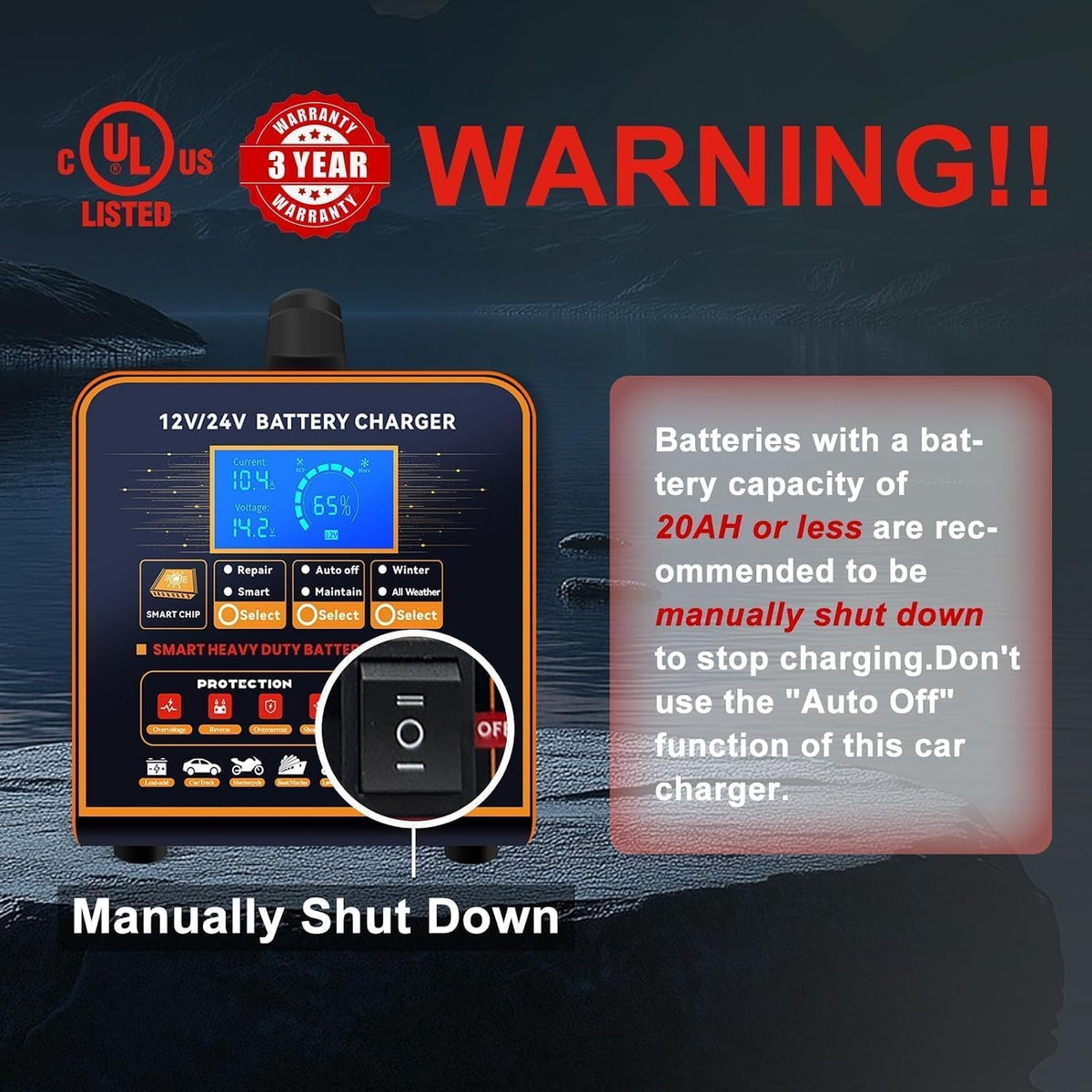 SolaMr 12V 24V Heavy Duty Car Battery Charger, 0-20A Automatic Trickle Charger for Car Truck Motorcycle RV Lawn Mower, Auto Smart Deep Cycle Battery Maintainer for AGM Lead Acid Batteries, Metal Case