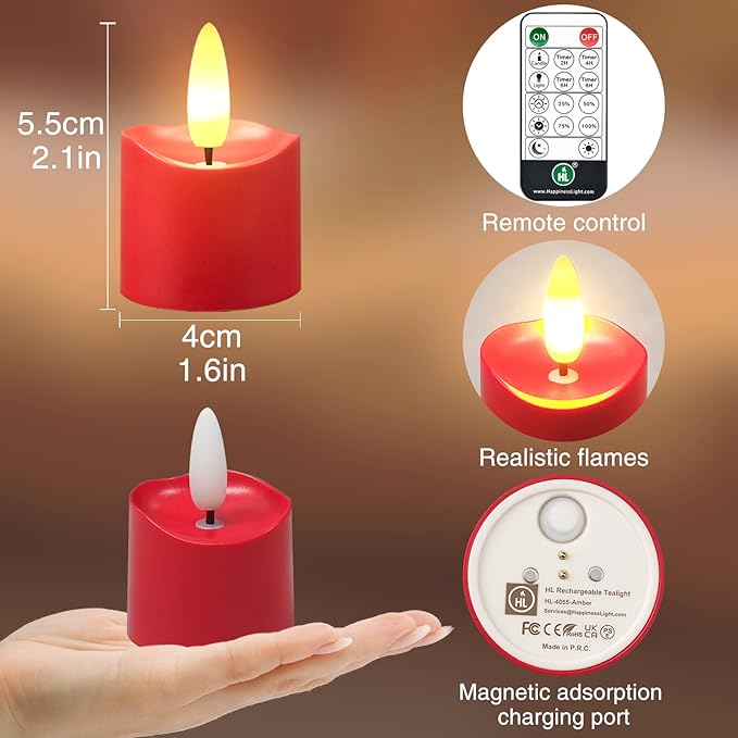 HL Rechargeable Waterproof Tea Lights,100H+ Highly Bright Led Flameless Candles,Magnetic Charging Battery Candles with Remote,Electric Votive Candles for Home Halloween Christmas Decorative-12pcs