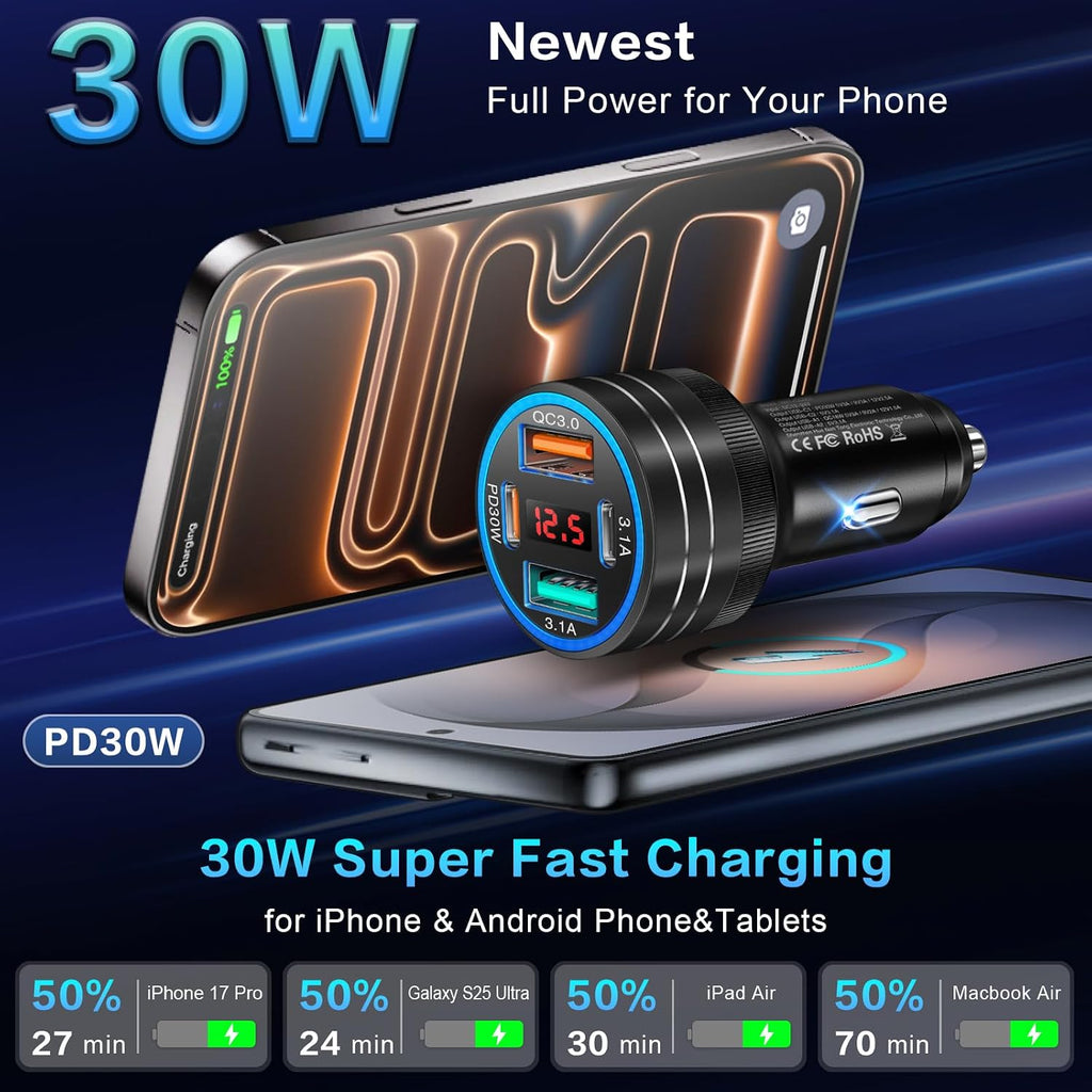 car charger, ancekoy 65w 4-port car charger adapter, side view