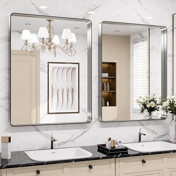 LOAAO 28X36 Inch Brushed Nickel Bathroom Mirror, Rounded Rectangle Silver Metal