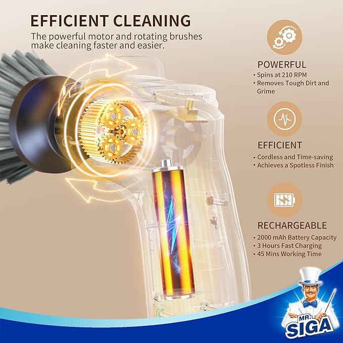MR.SIGA Electric Spin Scrubber for Kitchen and Bathroom Cleaning, Waterproof