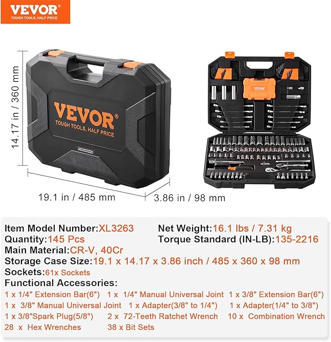 VEVOR Mechanics Tool Set and Socket Set, 1/4" and 3/8" Drive Deep and Standard (145 Pcs)