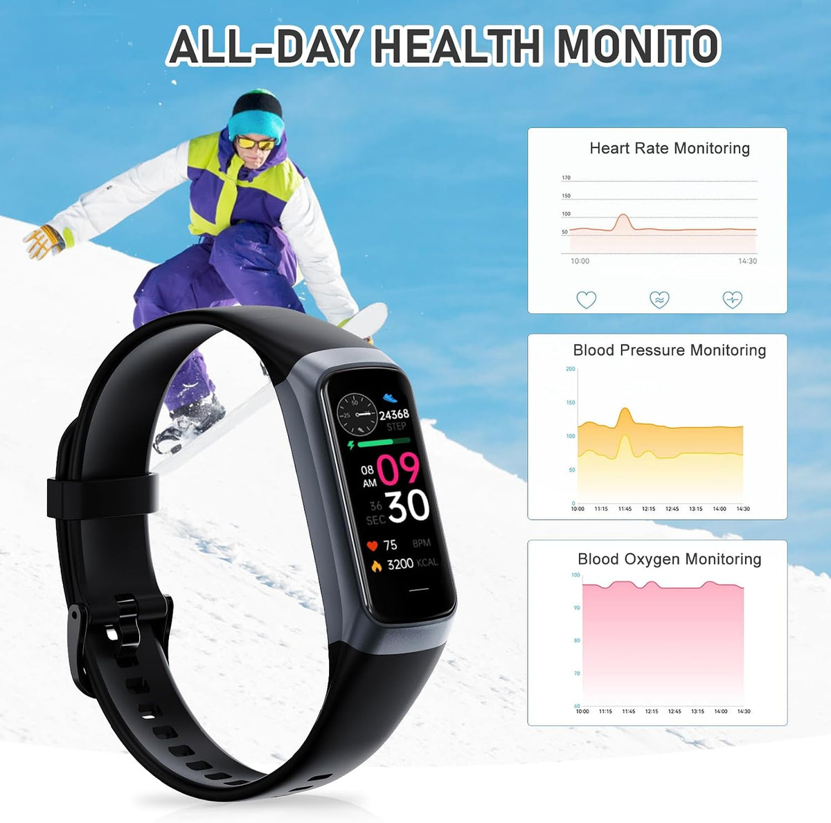 fitness tracker with 24/7heart rate, blood pressure, sleep shown in use