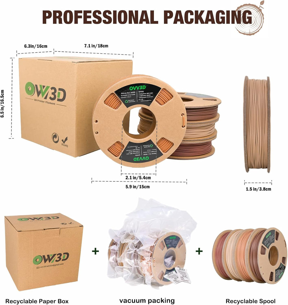 OVV3D Wood PLA 3D Printer Filament Bundle,Over 30% Real Wood Fiber,PLA 1.75
