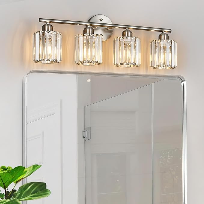 FDPBY Modern 4 Light Crystal Vanity Light, Brushed Nickel Vertical Bathroom