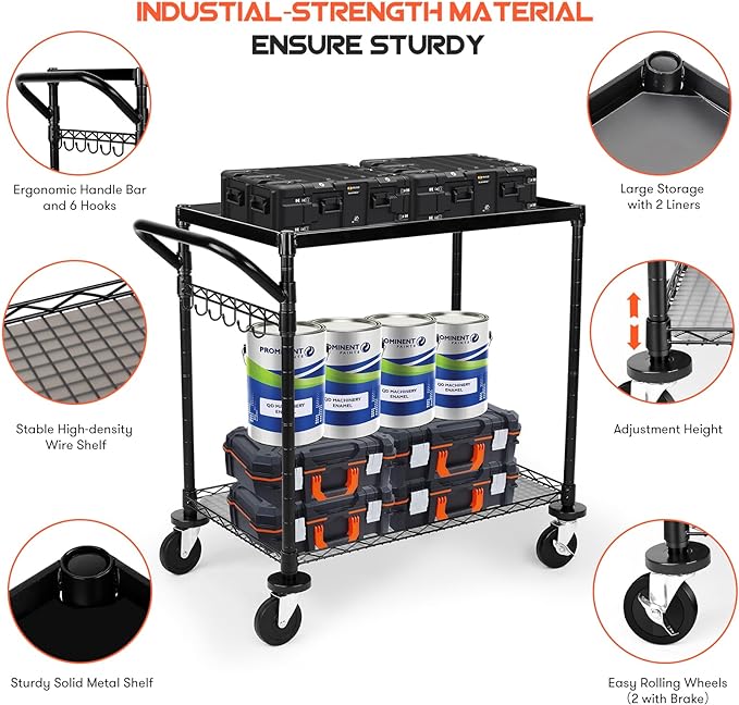 WDT 680Lbs Capacity Heavy Duty Rolling Utility Cart, 2 Tier Rolling Carts