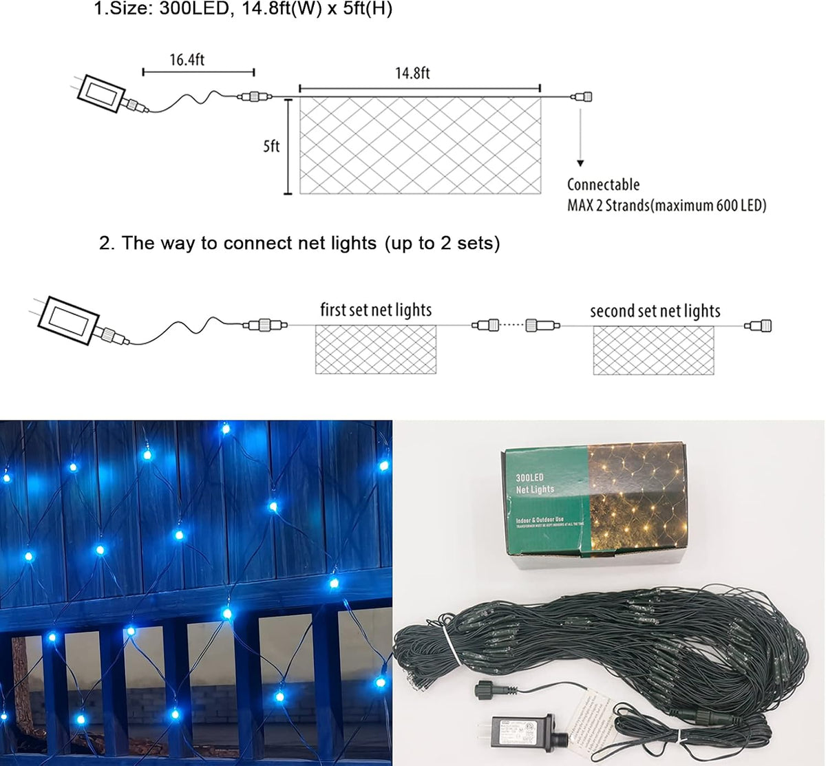 OYCBUZO 300LED Net Lights, 14.8ft x 5ft Christmas Net Lights Outdoor Connectable, Waterproof Mesh Lights 8 Lighting Modes for Halloween Bushes Xmas Tree Holiday Party Garden - Blue