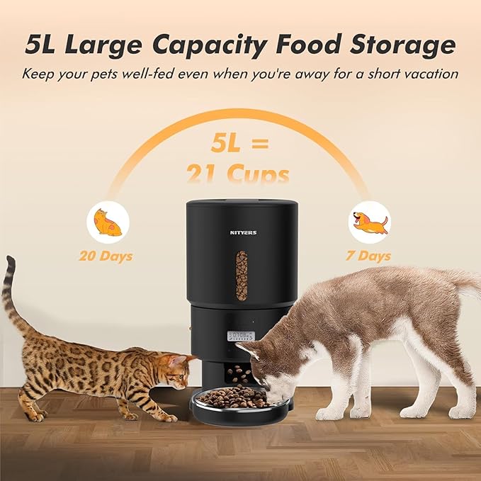 Automatic Cat Feeder - 5L Anti-Clog Cat Food Dispenser Keeps 2-15mm Dry Food