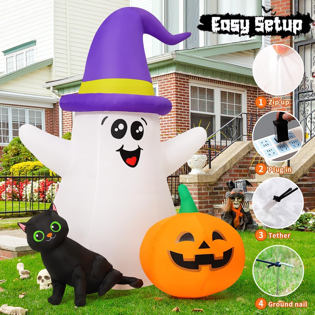 GOOSH 5 FT Halloween Inflatables Ghost Outdoor Decorations Blow Up Yard Cute Wizard Ghost with Black Cat Pumpkin with Built-in LEDs for Garden Lawn Indoor Party Decor