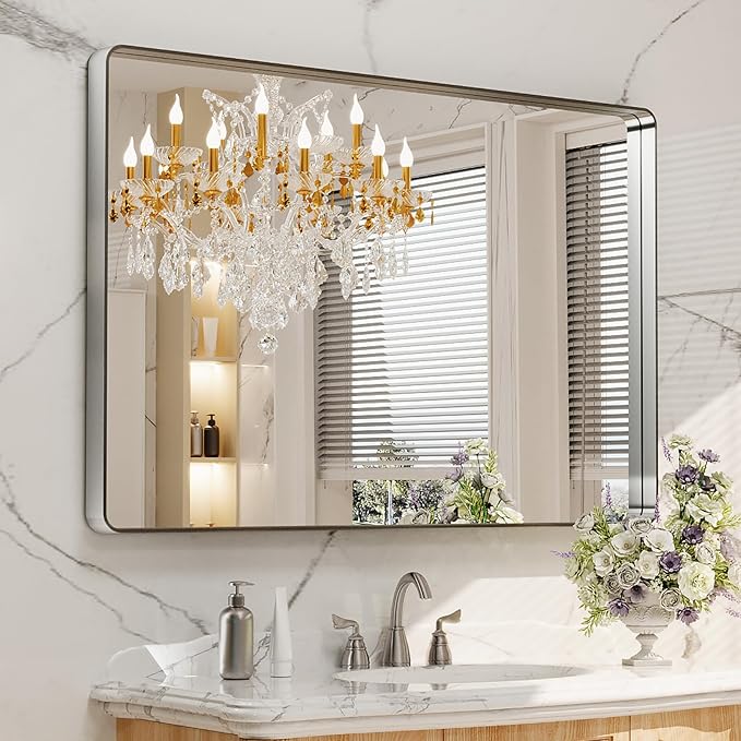 LOAAO 48X32 Inch Brushed Nickel Bathroom Mirror, Rounded Rectangle Silver Metal