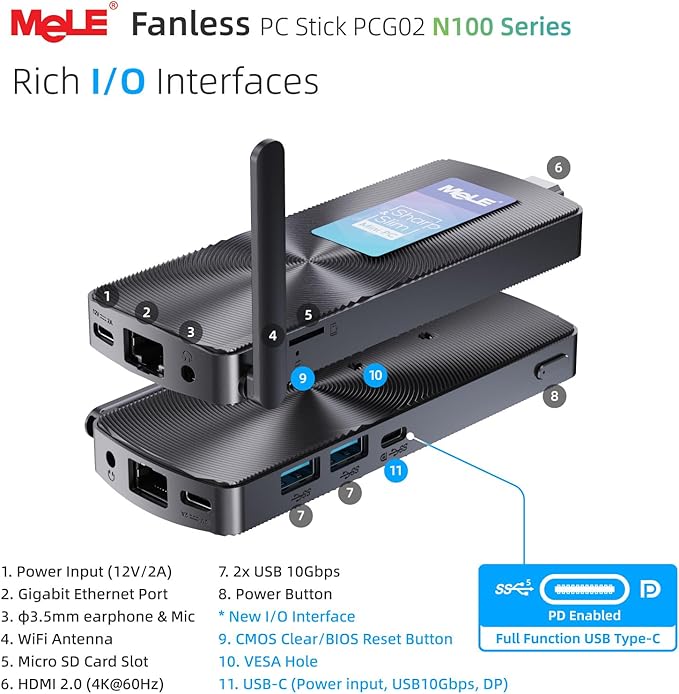MeLE Fanless Mini PC Stick PCG02, N100 8GB 128GB Compute Stick, Micro Desktop