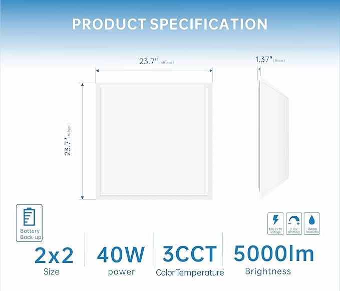 2X2 LED Flat Panel Light Emergency Battery Backup, 40W-3000K/4000K/5000K