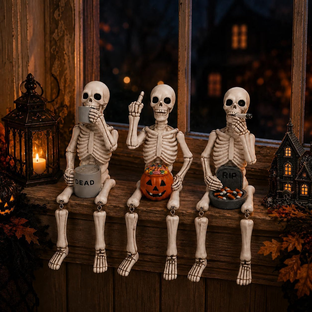 Halloween Skeleton Statues, Set of 3 Funny Skeleton Shelf Sitters