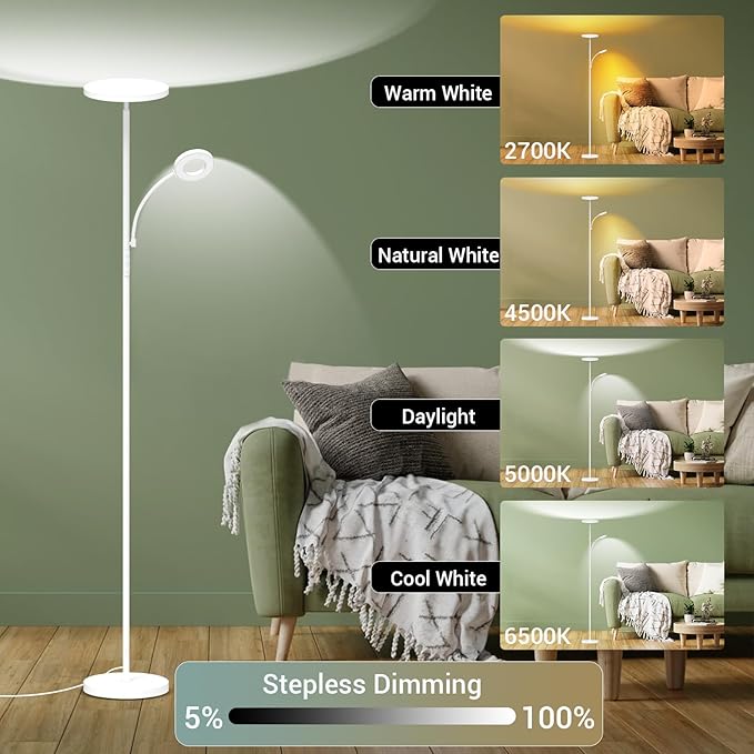 marctronic White Floor Lamp, 42W 4000LM Super Bright LED Room Lamp