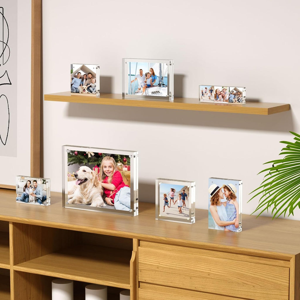 AITEE 5x5 Acrylic Picture Frames 3 Pack, Clear Picture Frames，20% Thicker | Freestanding Double Sided Magnetic Acrylic Lucite Frameless Transparent Square Frame Block Gift for Desktop Display